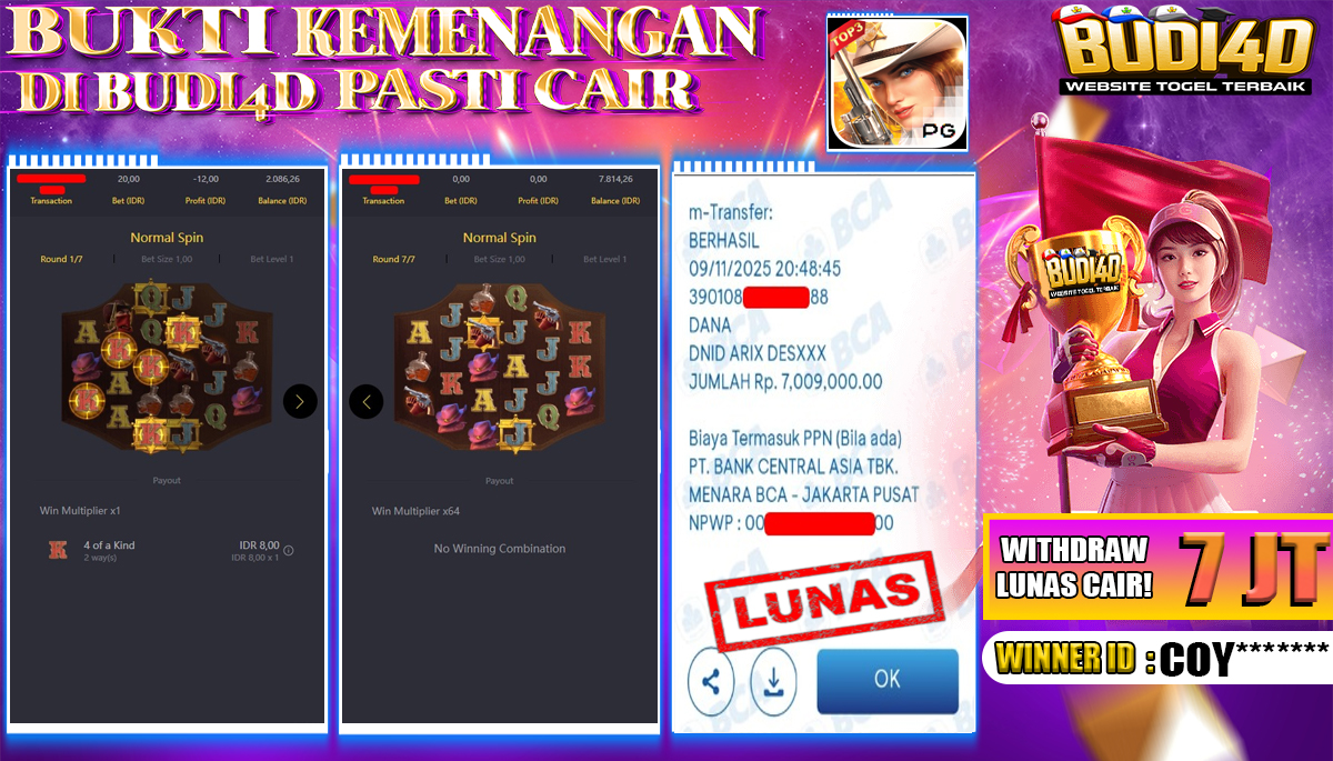 BUDI4D JACKPOT USER ID : COY**** SLOT PG SOFT ( Wild Bounty Showdown ) Rp.7.009.000,- LUNAS